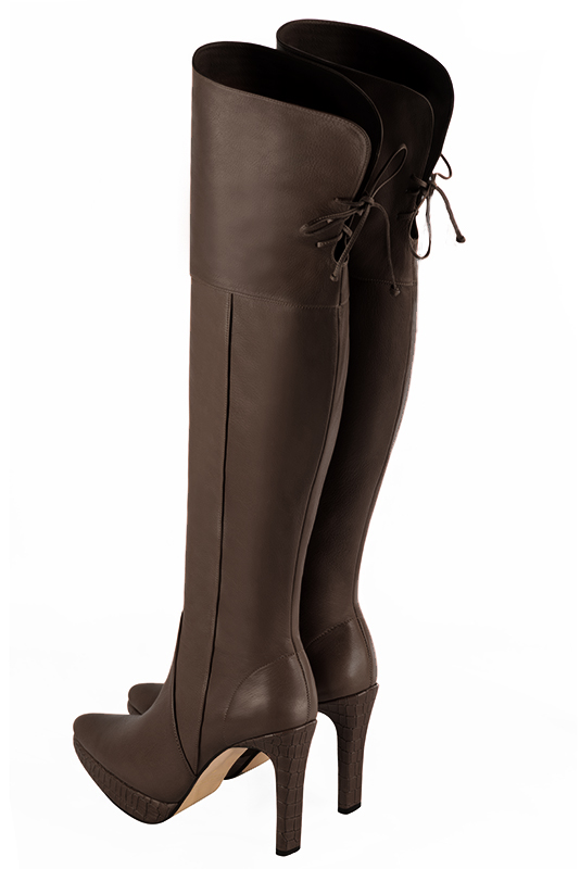 Dark brown women's leather thigh-high boots. Tapered toe. Very high slim heel with a platform at the front. Made to measure. Rear view - Florence KOOIJMAN